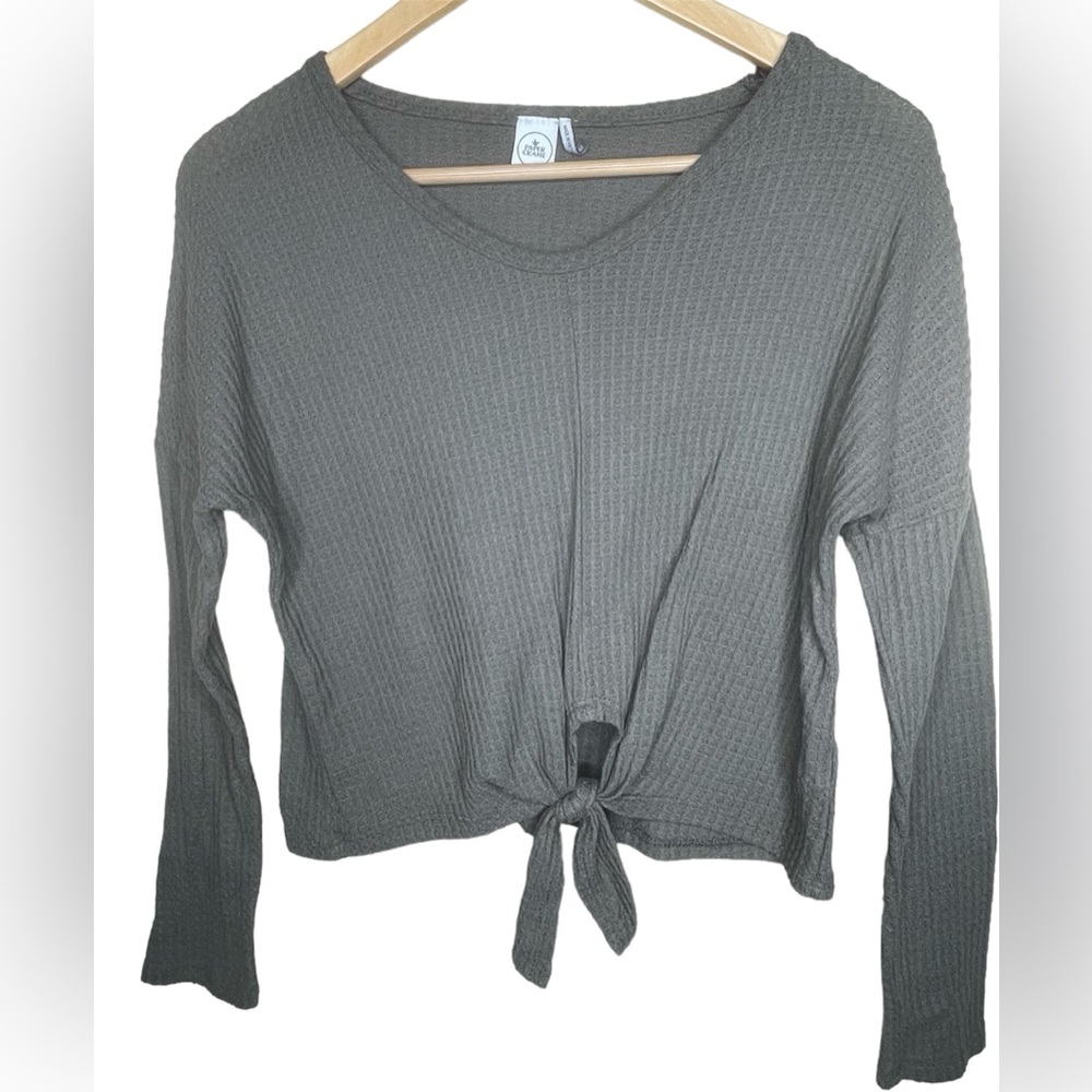 PAPER CRANE: Long Sleeve Green Waffle Knit Top with Tie Front, XS